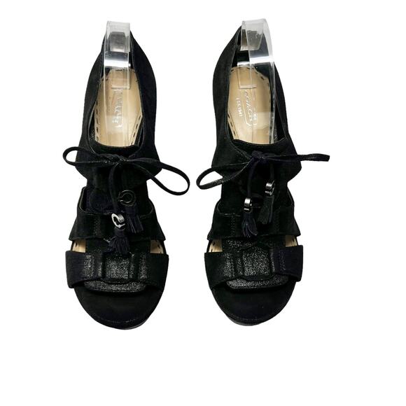 Coach Teagan Shimmer Leather Heeled Sandal Black Lace Up Size 10 - Picture 1 of 13